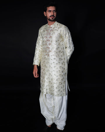 Off-White Embroidered Atlas Kameez Shalwar For Men